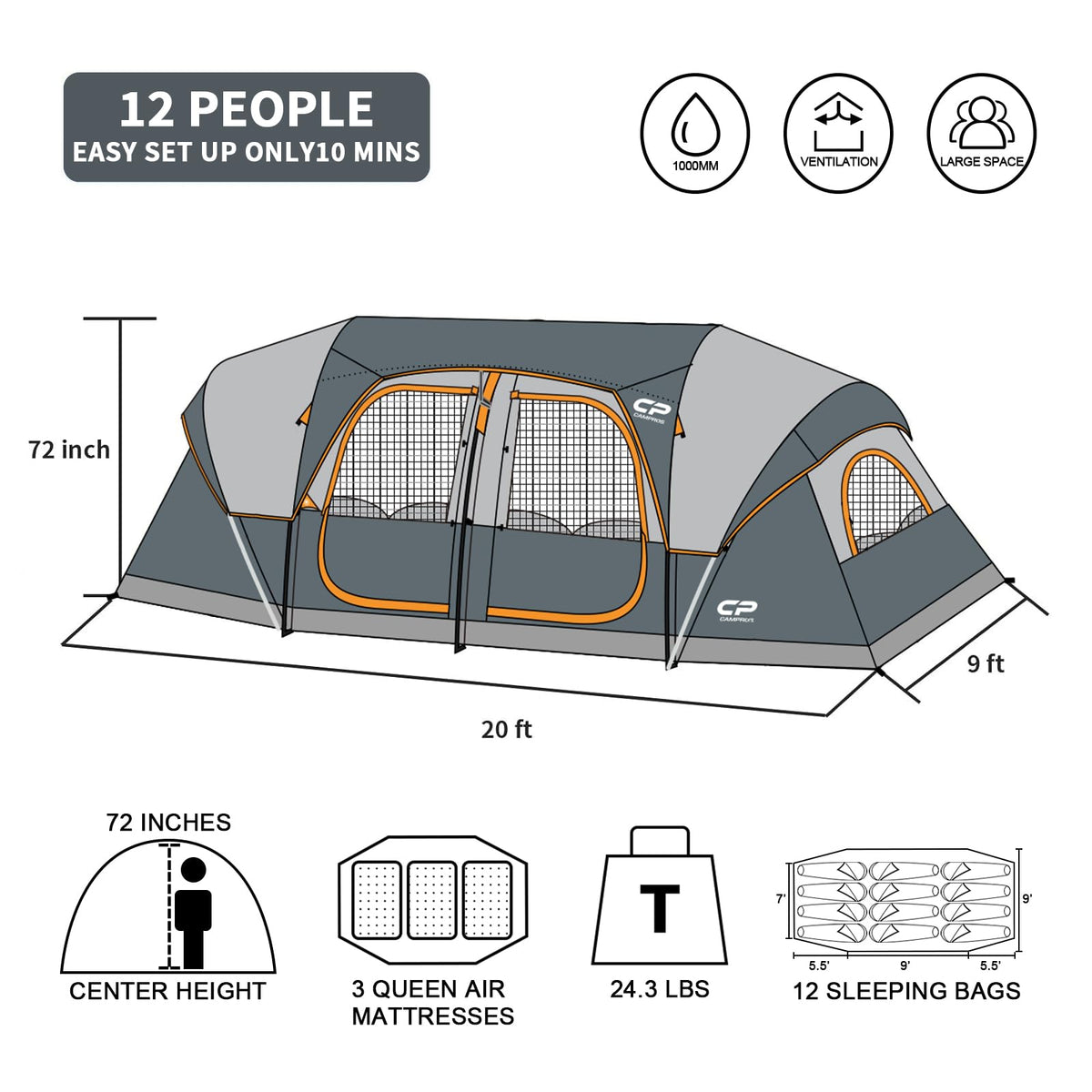 CAMPROS CP Tent 12-Person-Camping-Tents,3 Room Family Tents,Waterproof Windproof Family Tent with Top Rainfly,6 Large Mesh Windows,Double Layer,Easy Set Up, Portable with Carry Bag-20' x 9' x 72"(H)