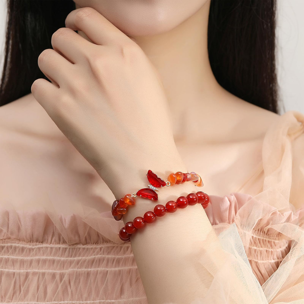 DUQGUHO 2Pcs Red Carnelian Bracelet for Women Butterfly Bracelet Gift for Women Healing Crystal Bracelet Natural Red Agate Jewelry 8mm Red Crystal Beaded Bracelet Gift for Birthday