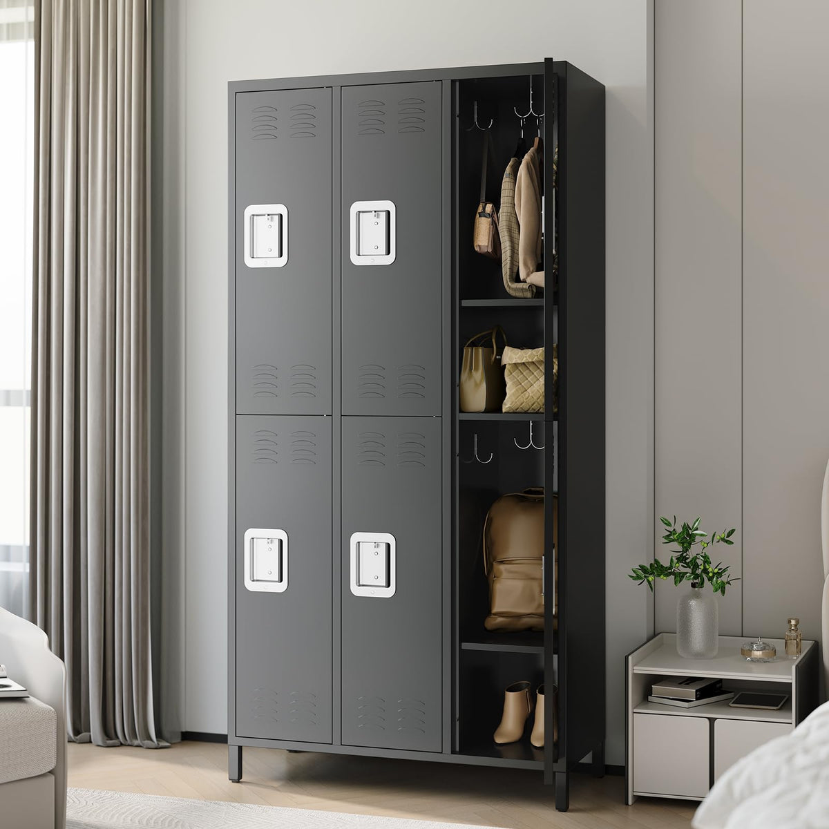 PioneerWorks 6-Door Metal Storage Locker with 18 Hooks, Heavy Duty Steel Locker for Gym, School, Office, Garage, Employee Locker Room, Home Organization, Black, Assembly Required