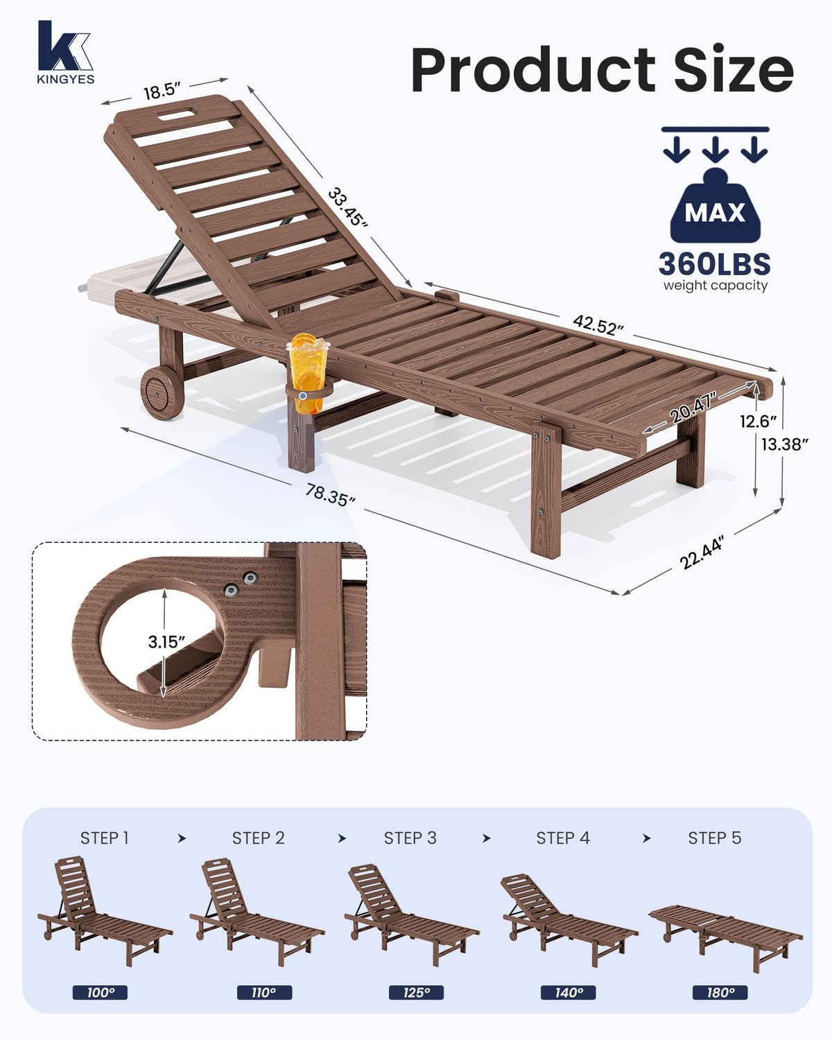 KINGYES Outdoor Armless Chaise Lounge Set of 2, HDPE Pool Lounge Chairs with Cup Holder & Wheels, Patio Lounger Chairs for Poolside, Brown