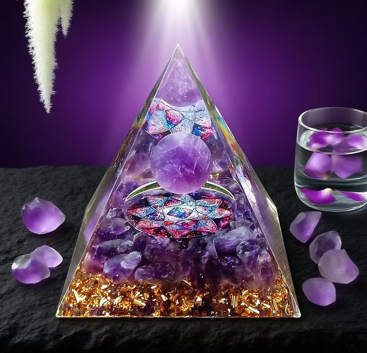 ycyingcheng Moonstone Crystal Orgone Pyramid Ogan Crystal Energy Tower, Nature Reiki Chakra Crushed Stone Jewelry, Crystal Pyramid for Home Decor (Amethyst)