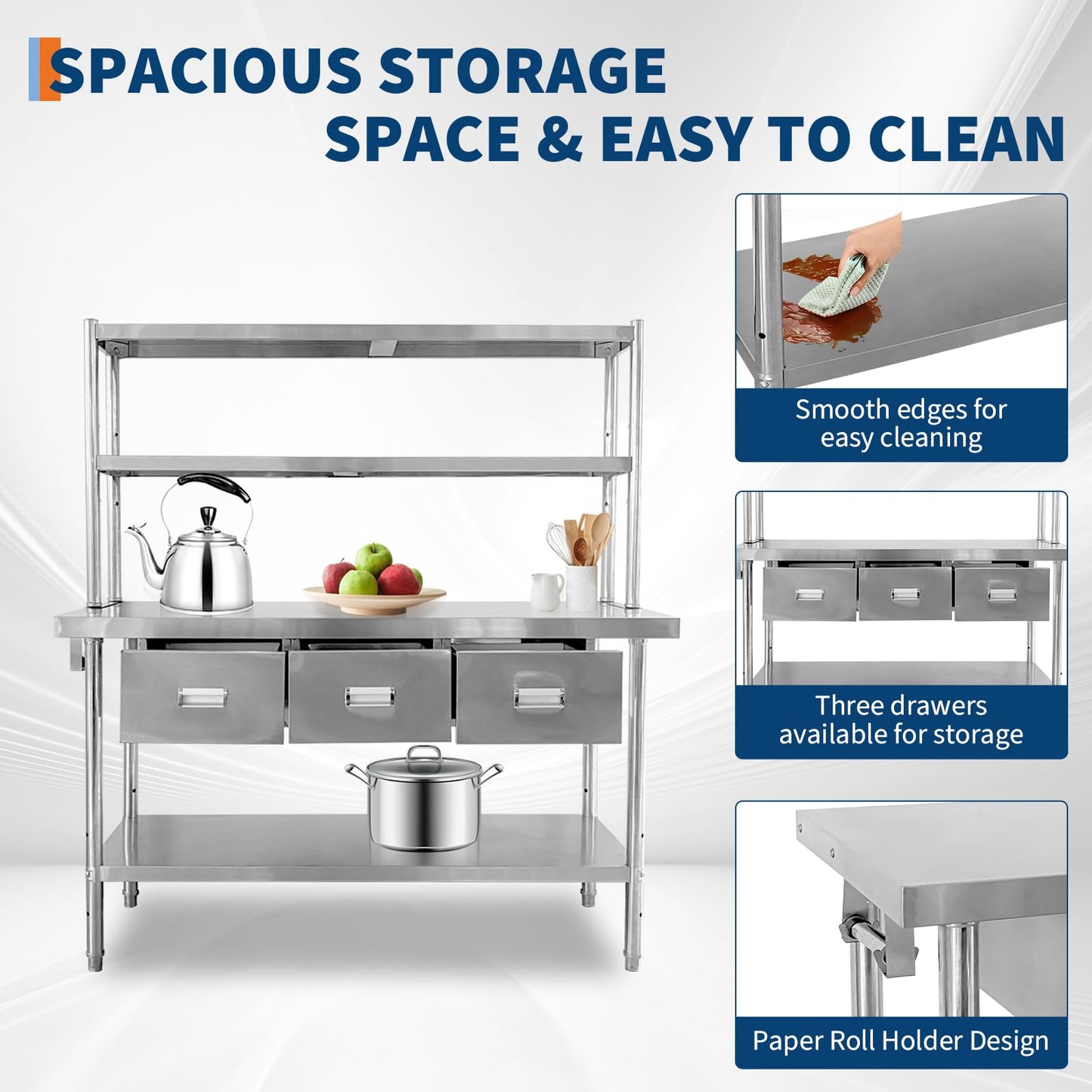 60" X 24" Stainless Steel Table with Drawers, NSF Work Table with Shelves & Paper Towel Holder, Metal Table Prep Table for Commercial Kitchen Restaurant Garage Warehouse