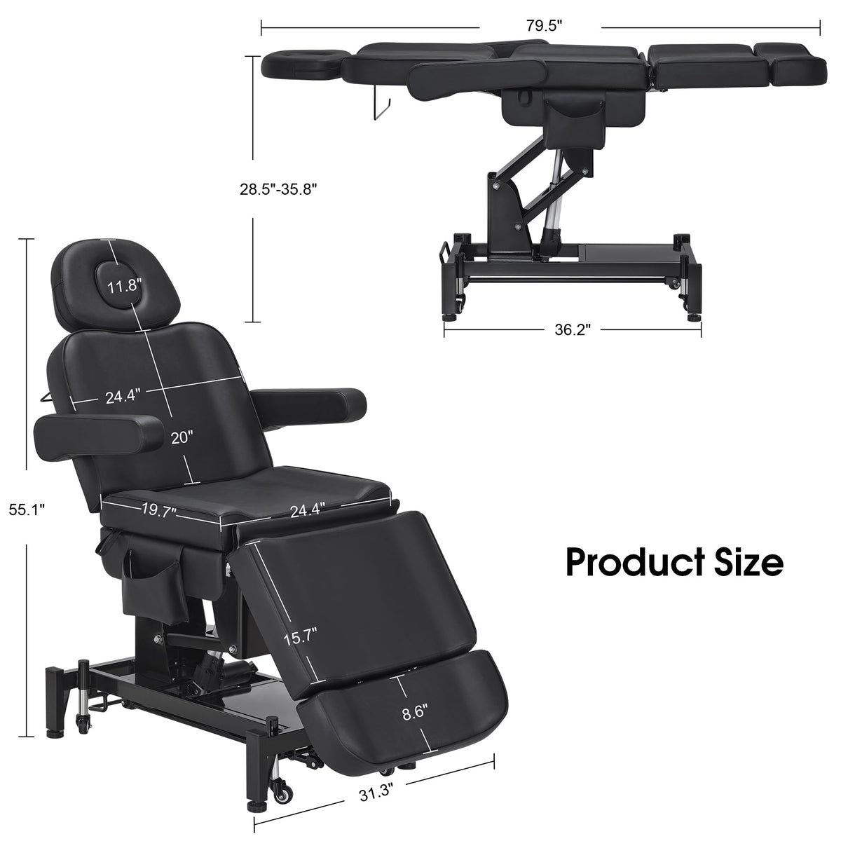 BarberPub Fully Electric Beauty Bed, 3-Motor Salon Spa Chair with Foot-Controlled Wheels, Adjustable Height, Backrest & Leg Rest – PVC Leather, Professional Facial & Treatment Table 2754 (Black)