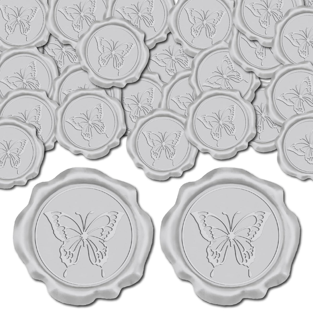 CRASPIRE 50pcs 1 Box Butterfly Wax Seal Stickers Silver Wedding Invitation Envelope Sealing Stickers Decoration Stickers Adhesive Envelope Decor for Christmas Gift Birthday Party Craft Scrapbook DIY