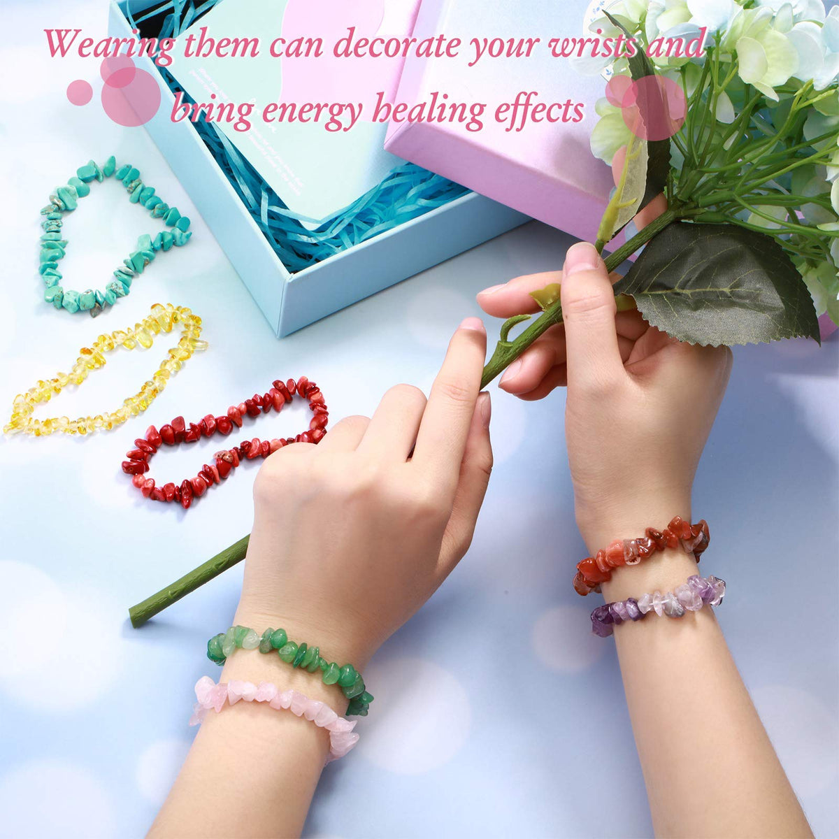 Hicarer 15 Pieces Natural Gemstone Bracelets Irregular Chips Beads Stretch Bracelets Spiritual Healing Chakra Crystal Jewelry for Women