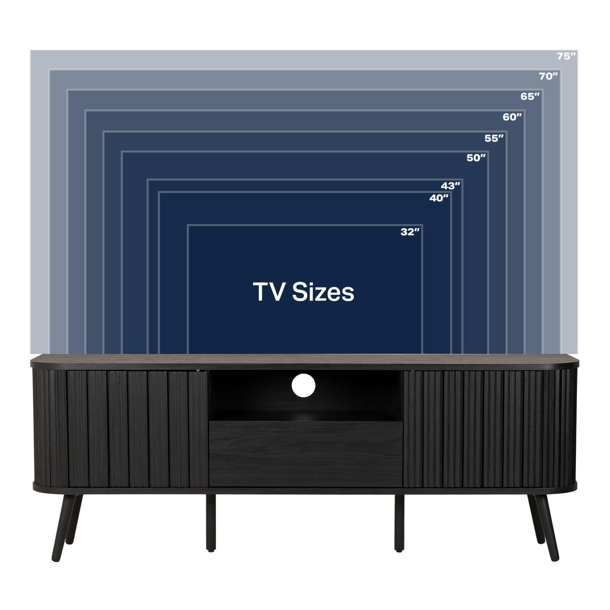 JONATHAN Y Damien 70" Mid-Century Fluted Wood TV Stand for TVs up to 75 Inch, Entertainment Center with Soft-Close Doors and Drawer, Media Console for Living Room, Black TVS1001C
