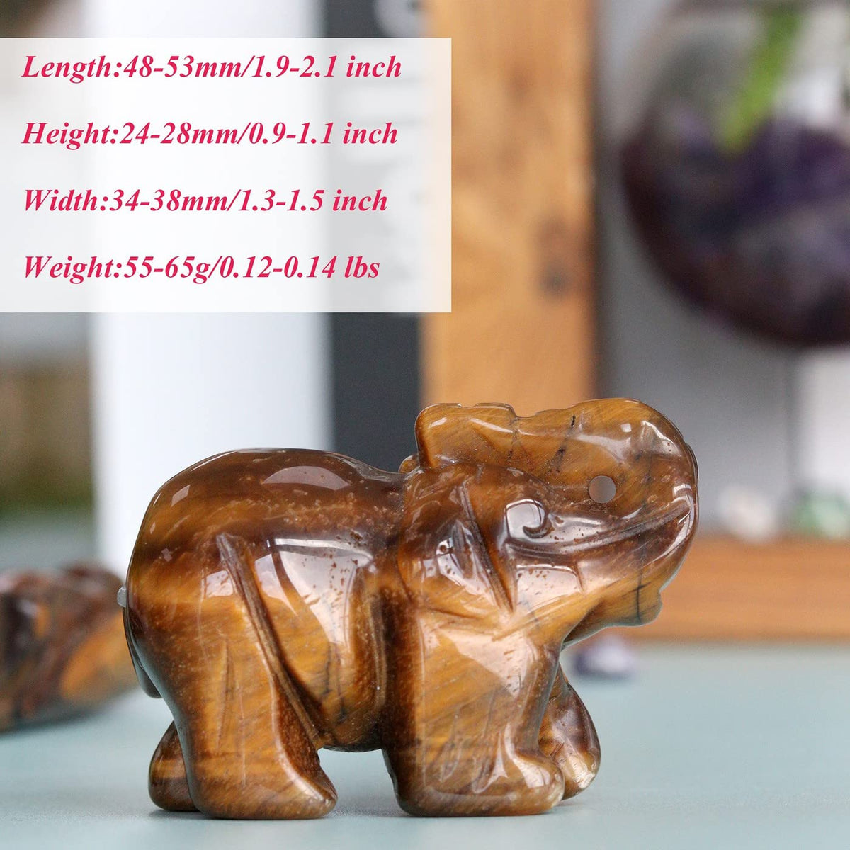 2" Tigers Eye Elephant Decor Healing Crystal Cute Polished Natural Stone Hand-Carved Big Sculpture Statue Figurines Gemstone Energy Hippie Home Room Office Desk Decoration Gifts for Women Men