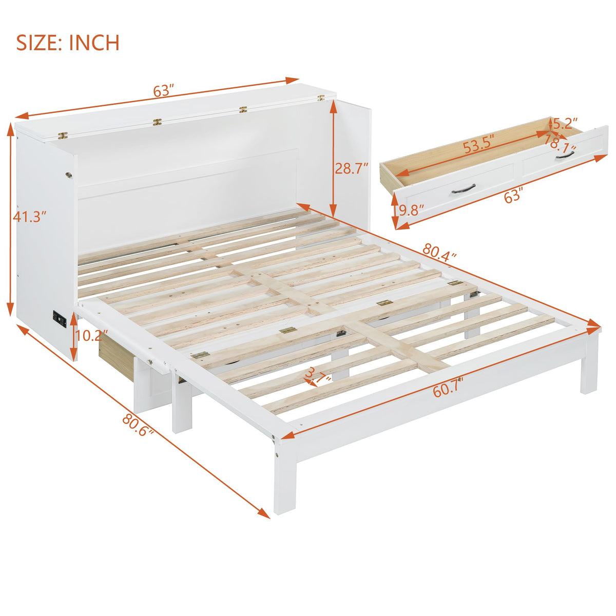 Merax Queen Size Murphy Bed Cabinet with Charging Station and Large Storage Drawer, Foldable Pull Out Murphy Chest Bed for Apartments, Bedrooms, Studio, No Spring Box Needed, White