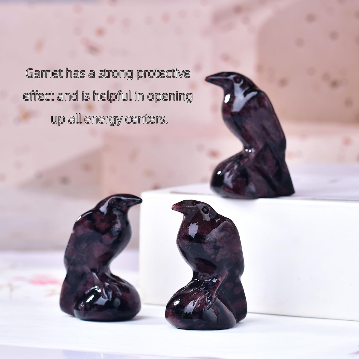WUYOUSHI Natural Garnet Crystal Raven Statue 2" Healing Crystal Handmade Sculpture Lucky Guardian Pocket Statues Reiki Meditation Office Home Decoration Gift