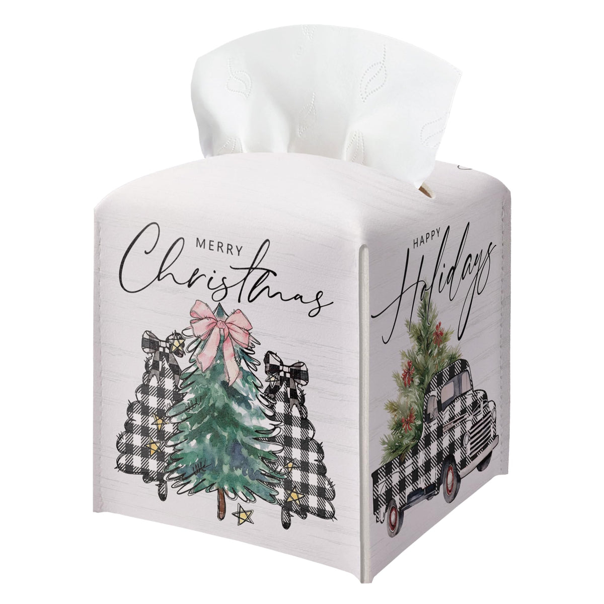 Christmas Box Cover Square, Buffalo Plaid Truck Trees Decorative Tissue Box Holder, Waterproof Leather Tissues Boxes Dispenser for Bathroom, Bedroom Nightstand, Office, Car Home Decor
