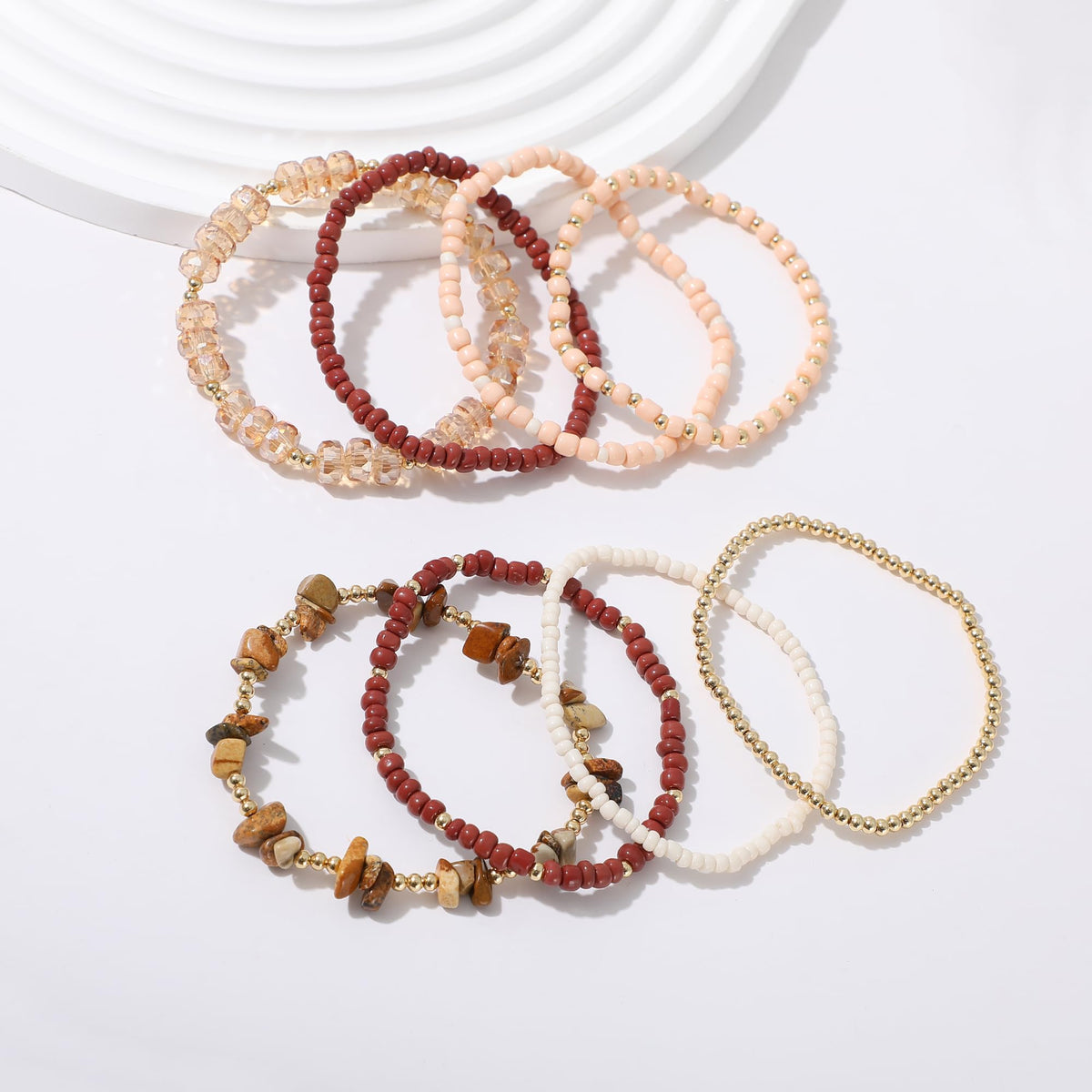 RISHEGAE Heishi Beaded Stretch Bracelets for Women Stackable Polymer Clay Beads Bracelets Friendship Boho Summer Beach Bracelet Jewelry Set (A-A brown)