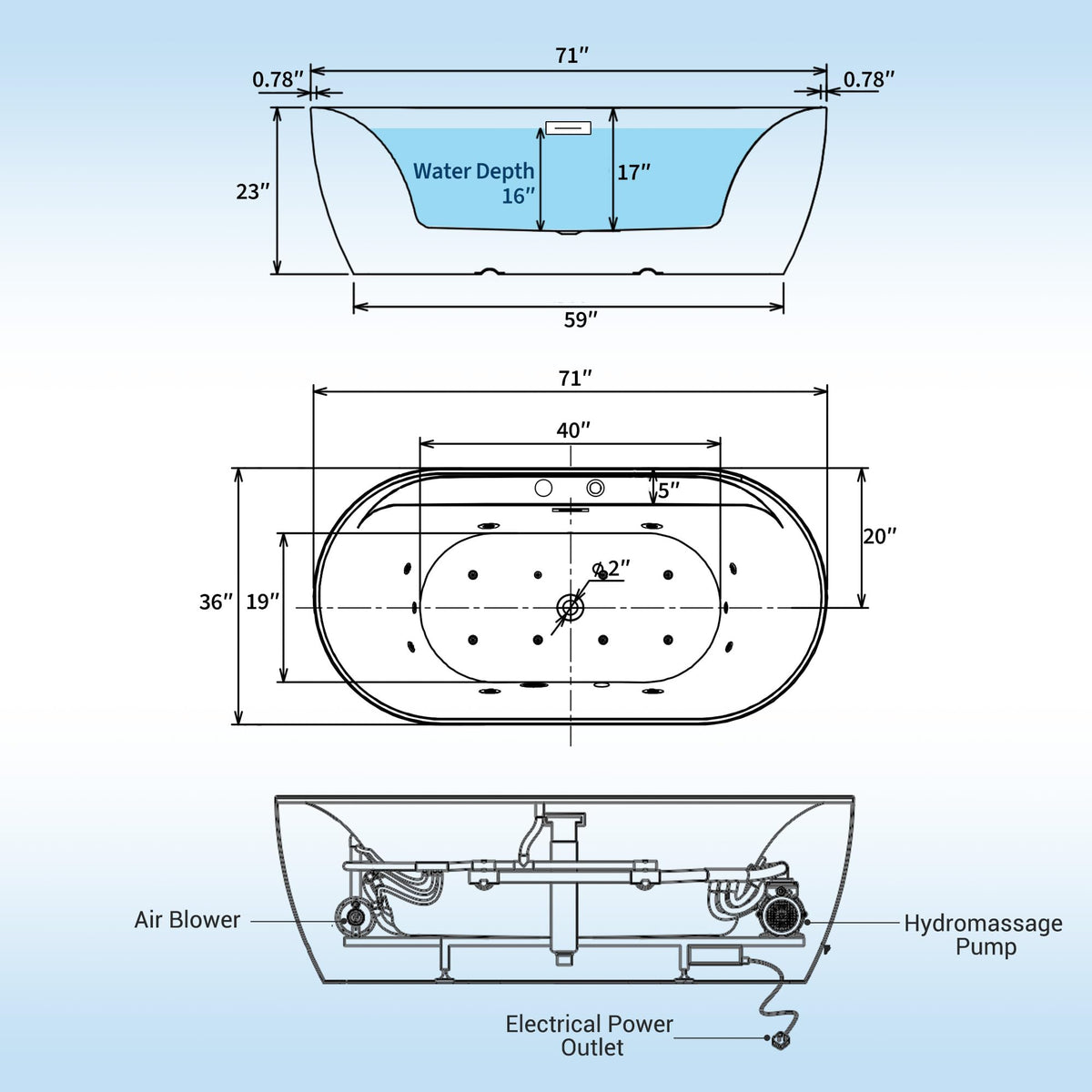 Water Therapy Freestanding Bathtub 71 inch Acrylic Massage Spa Tub with Heating System, Bubble Jets and Digital Control Panel for Bathroom Upgrade and Relaxation