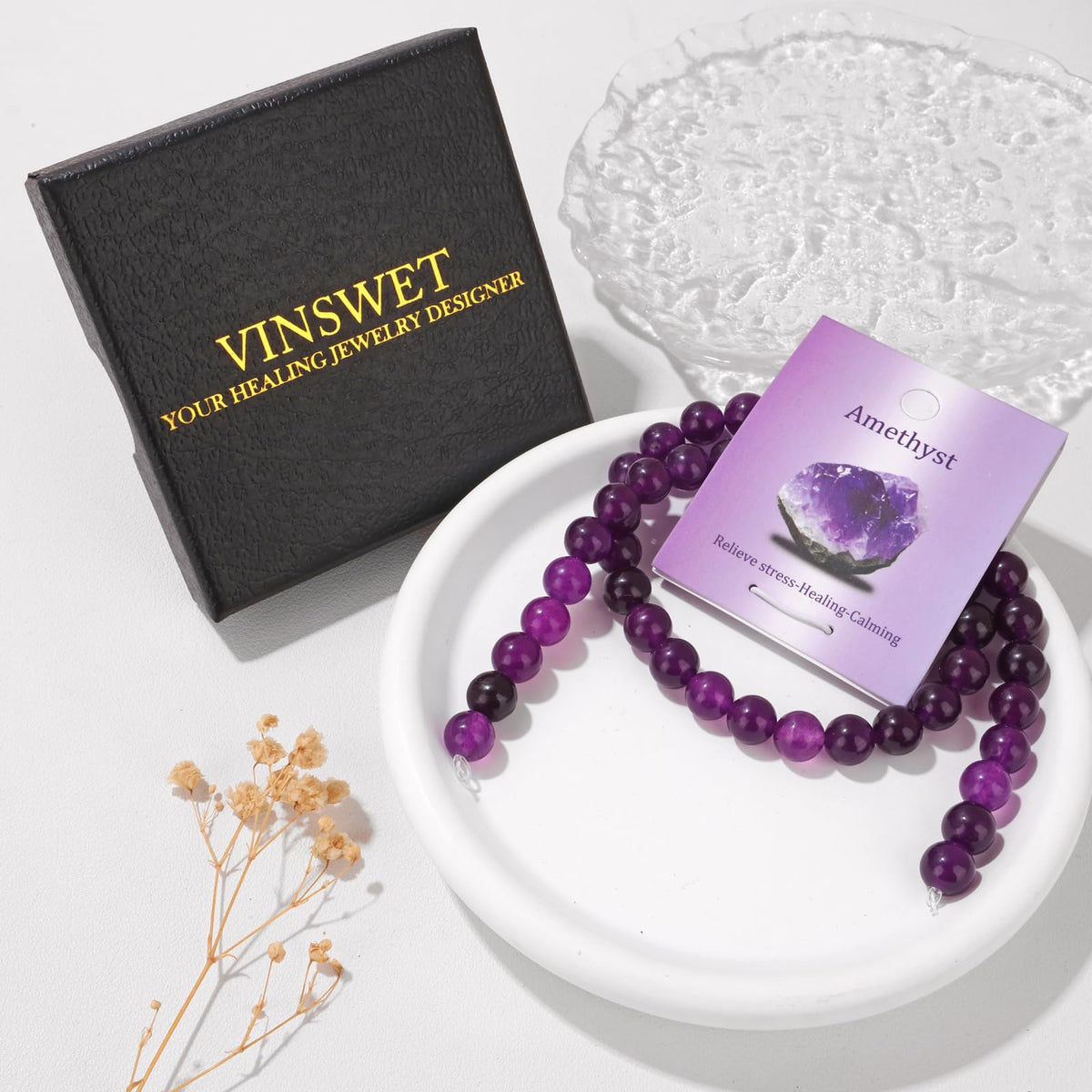 Vinswet 45pcs 8mm Amethyst Natural Stone Beads Round Genuine Real Stone Beading Loose Gemstones DIY Smooth Bead for Bracelet Necklace Earrings Jewelry Making