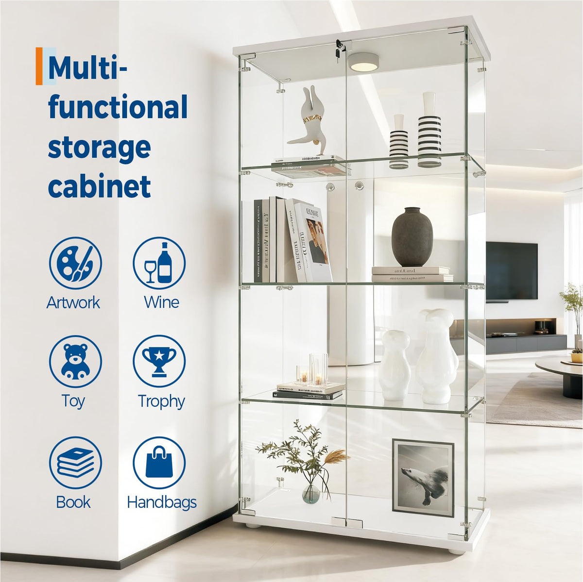 GarveeHome 4 Shelves Display Cabinet, Tempered Glass Curio Showcase with LED Light & Lock, Double Doors Storage Cabinet for Living Room Bedroom Office, White, 64x31.7x14.3 Inch