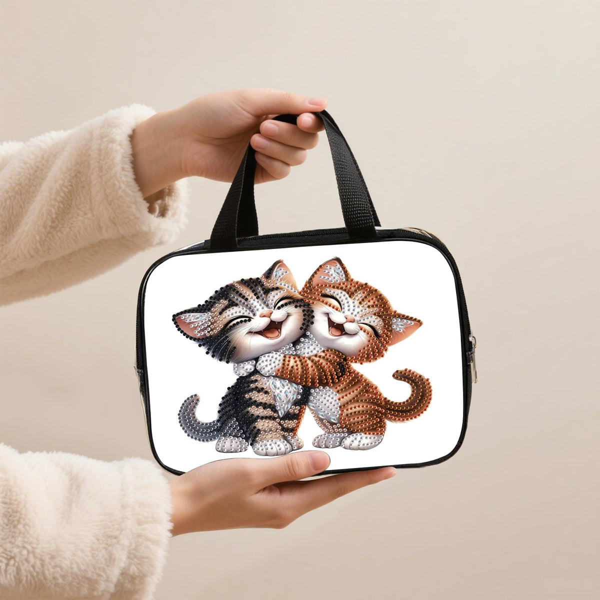 DIY diamond painting makeup bag kit, cheerful cat pattern sequined makeup storage bag with zipper, portable travel toiletries bag, as a handmade creative gift