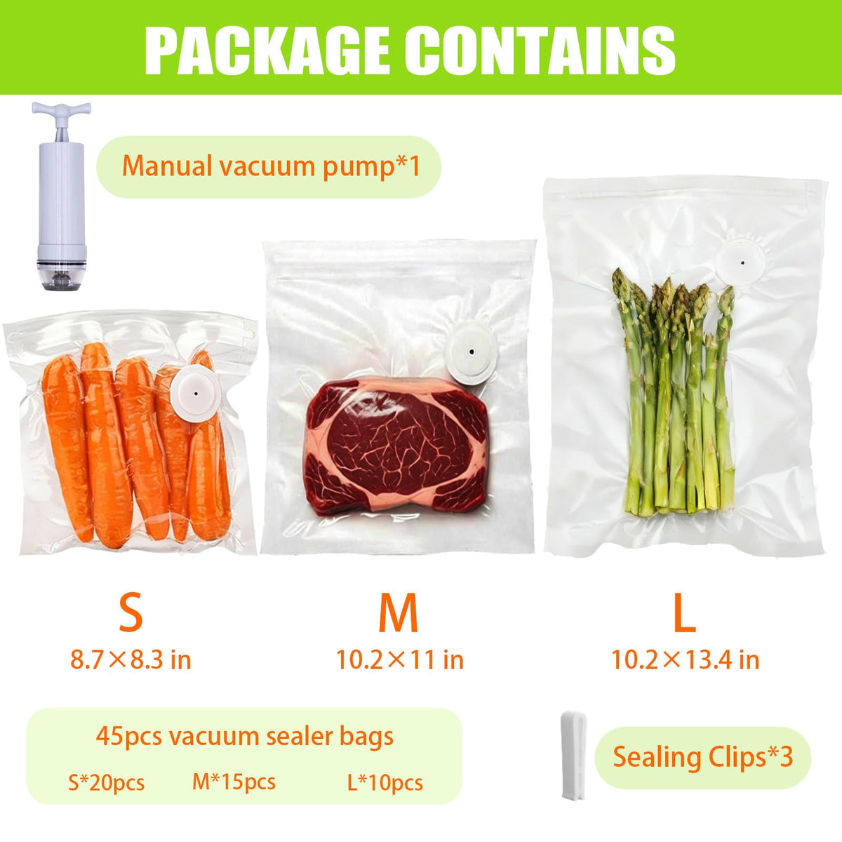 45 Pcs Reusable Vacuum Sealer Bags for Food with Hand Pump, BPA-Free Vacuum Storage Bags for Sous Vide Cooking & Meal Prep, Upgraded Air Valve Food Sealer Bags, Works with Handheld/External Sealers