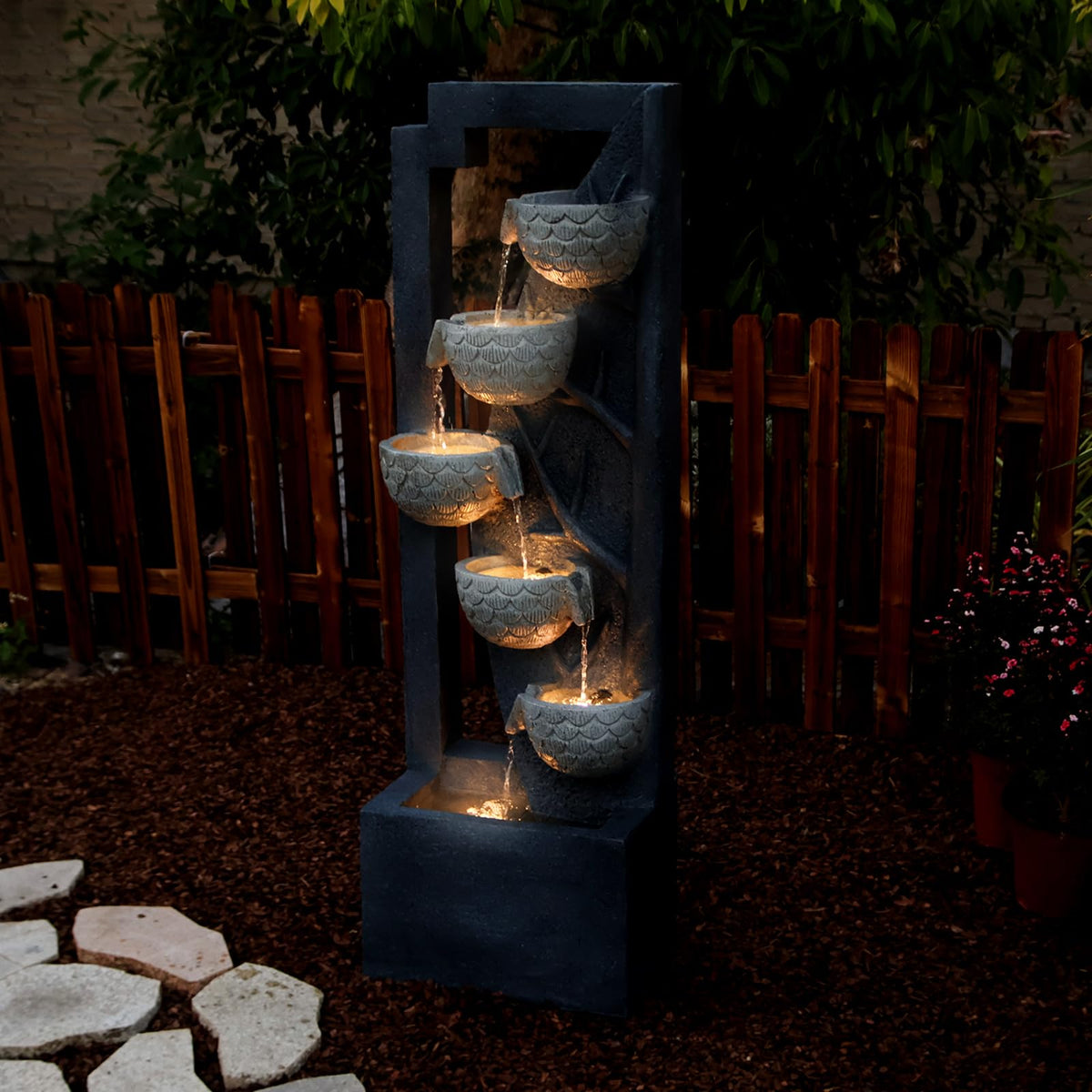 49.61’’H Waterfall Garden Fountain Outdoor 6-Tiered Modern Floor Standing Water Fall Fountains Indoor Cascading Bowl Water Feature with LED Lights Natural Stones for Living Room Office Home Decor