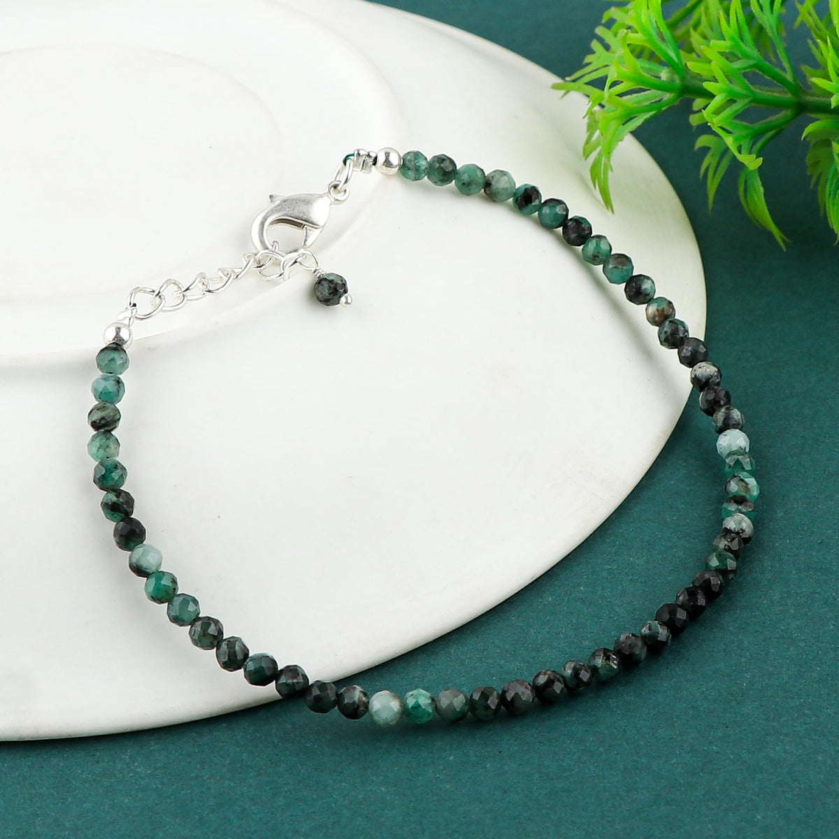 CRYSTALINES Natural Shaded Emerald Gemstone Bracelet, Faceted Beads Stones, Handmade Hypoallergenic Boho Jewelry for Women, Healing Crystals, Adjustable Silver Plated 7+1inch, May Birthday Gift
