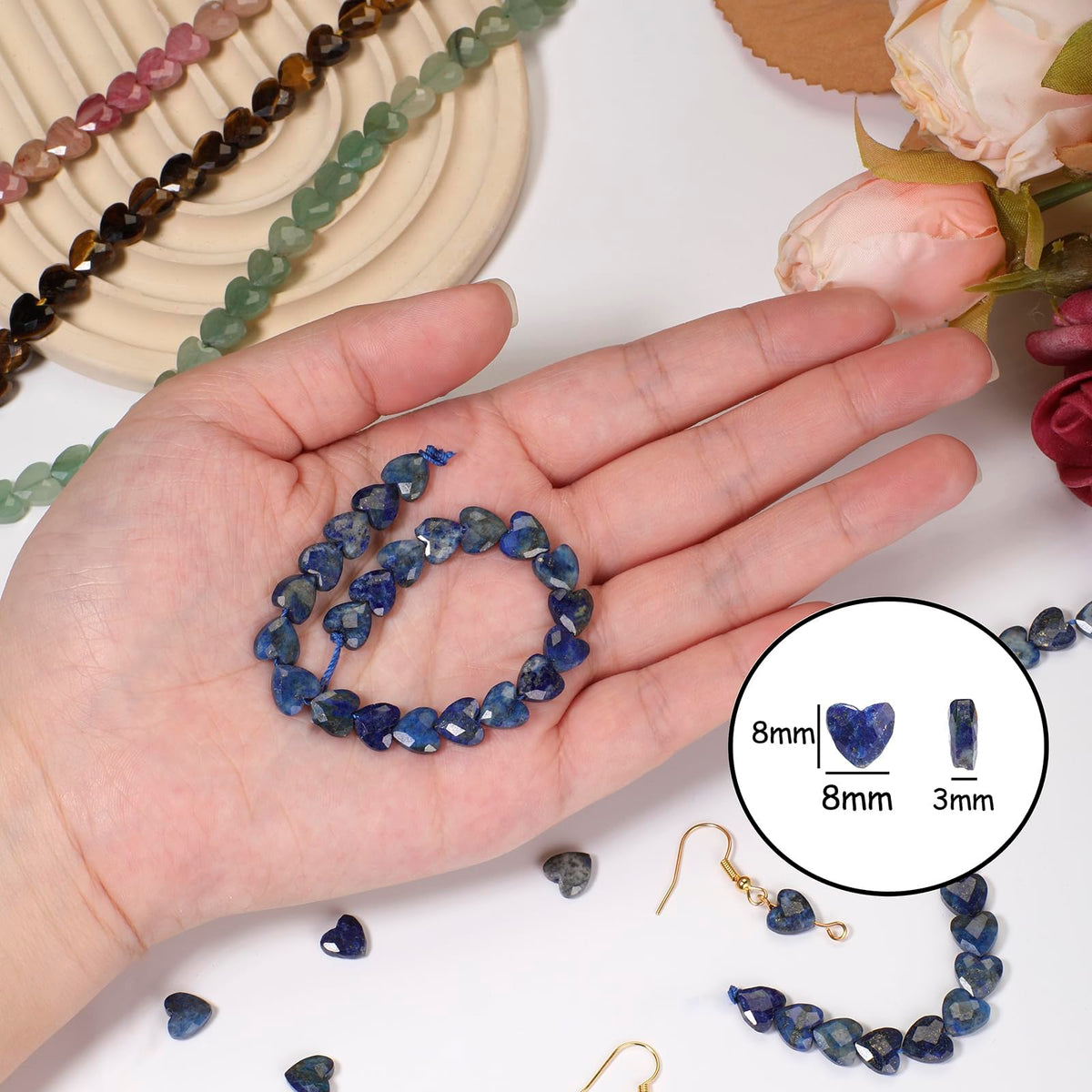 Nitopupu 22pcs Faceted Heart Stone Beads Amazonite Pattern Bead 8mm Crystals and Healing Stones for Jewelry Making Supplies,Friendship Bracelet Kit,Love Gifts