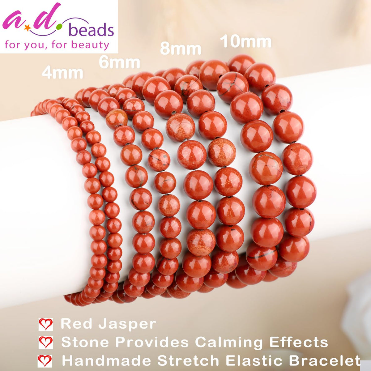 AD Beads 4mm Handmade Red Jasper Elastic Bracelet – Natural Gemstone for Stone provides Calming Effects – Meditation, Yoga, Healing and Energy Gift for Men Women
