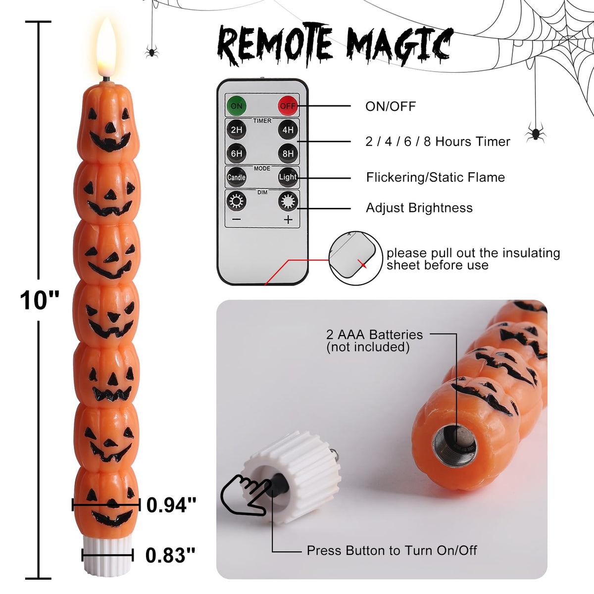 Eywamage Halloween Flameless Taper Candles with Remote, Orange Pumpkin LED Candlesticks Battery Operated Flickering Real Wax Set of 4