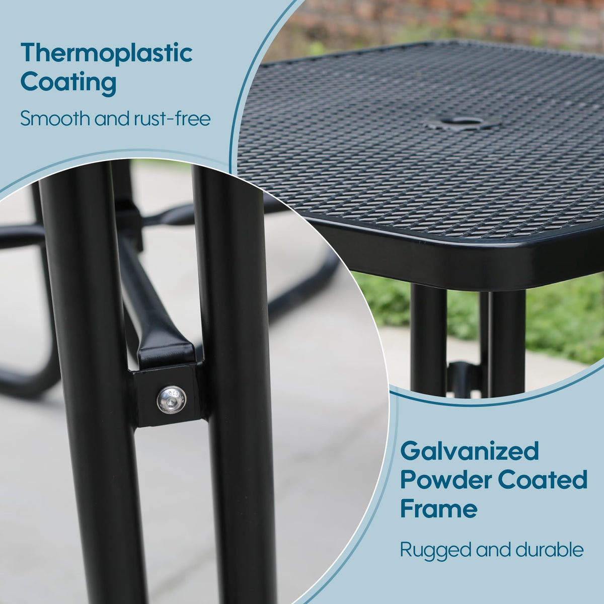 Sunnibety 8-Person Picnic Tables for Outdoors, Industrial 46" Expanded Metal Square Picnic Table with 4 Benches & Umbrella Hole, Outside Table and Bench Set for Garden, Backyard, Porch, Patio, Black