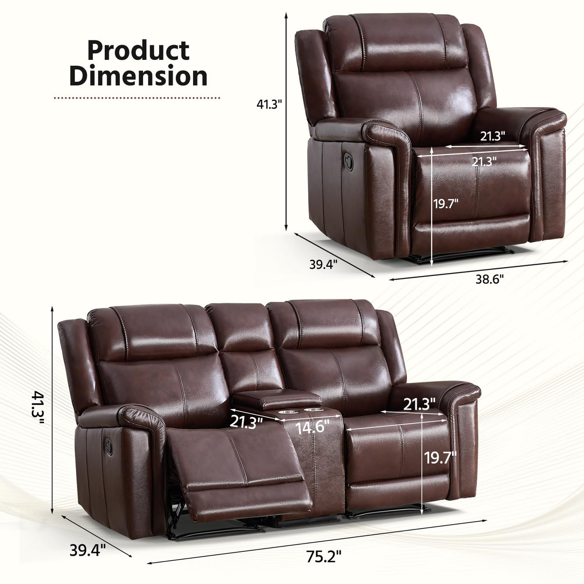 ANJ Premium Genuine Manual Reclining Sofa Set, Included Single Recliner Chair and Loveseat 2-Seater Couch Set of 2 with Hidden Storage& Cup Holders, 3-Piece Living Room Furniture Set, Rust Brown