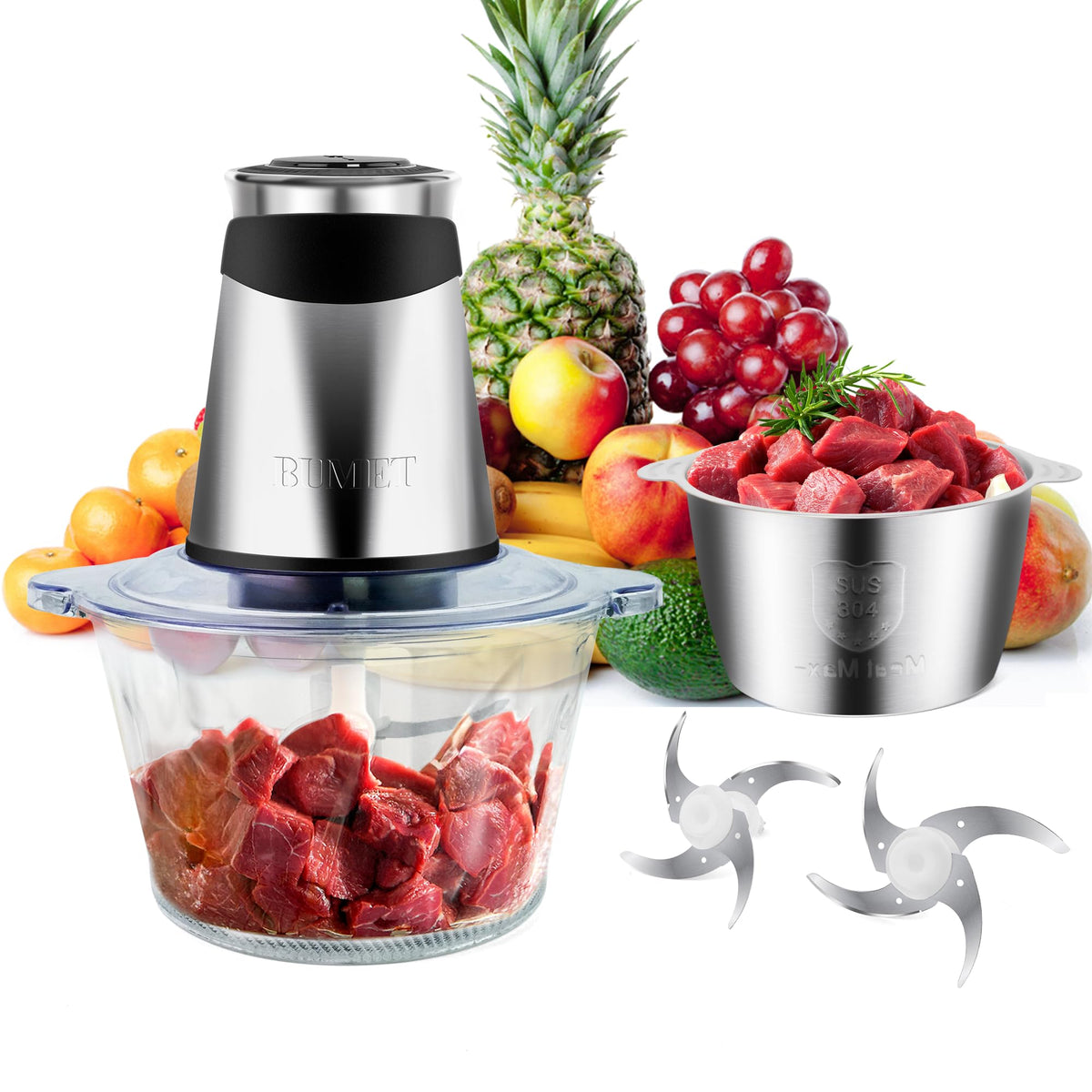 BUMET Electric food processor vegetable chopper 500W 2x8cup bowls 2 bi-layer 4 blades Small Food chopper ideal as Electric Meat grinder for home use,Mincing,chopping for kitchen aid,baby foot,pet food