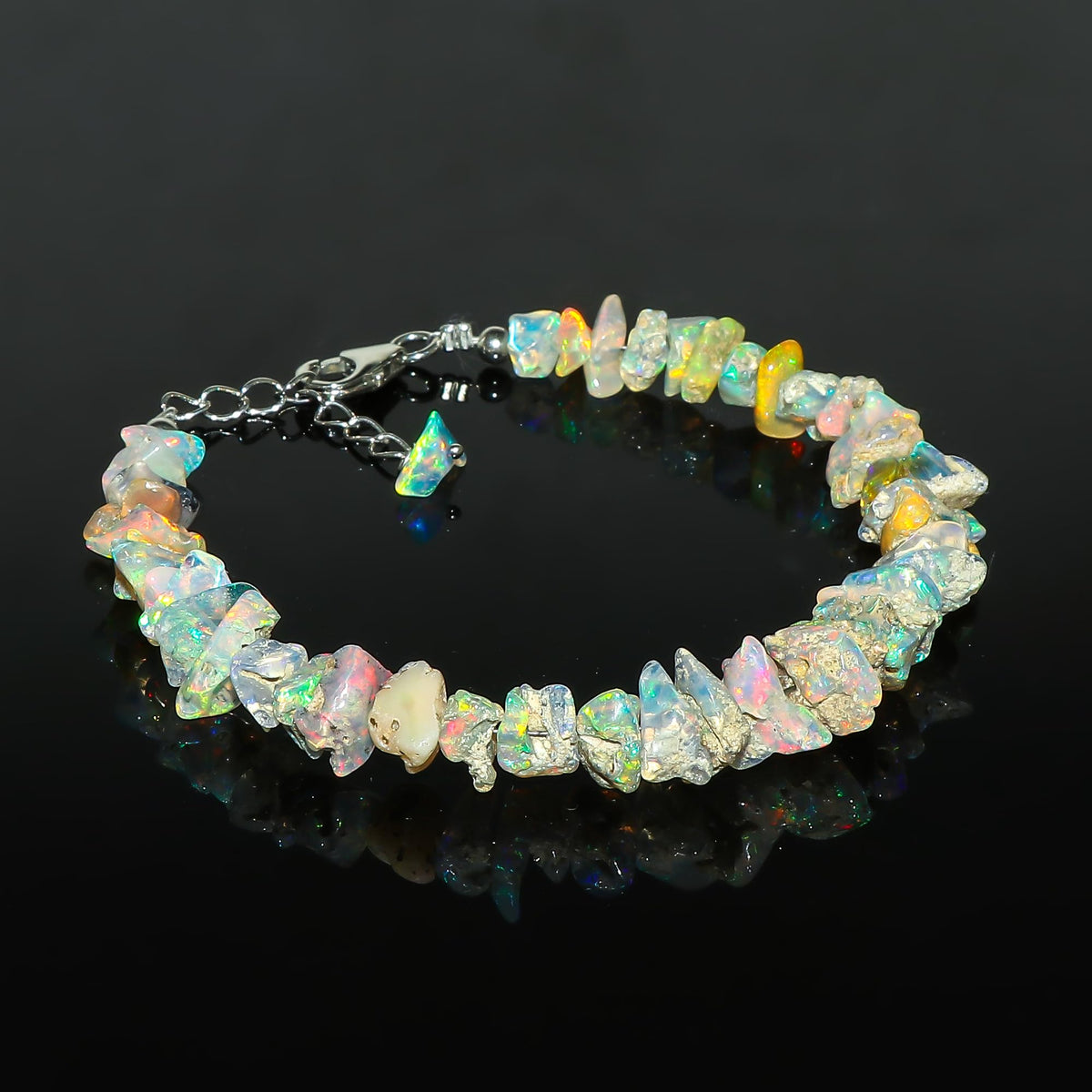CRYSTALIS Ethiopian Opal Bracelet, Natural Raw Stones, Fire Play Rough Gemstones, Chakra Healing Crystals, Gift Giving Jewelry, Rhodium 925 Sterling Silver Women Bracelet 8 inch