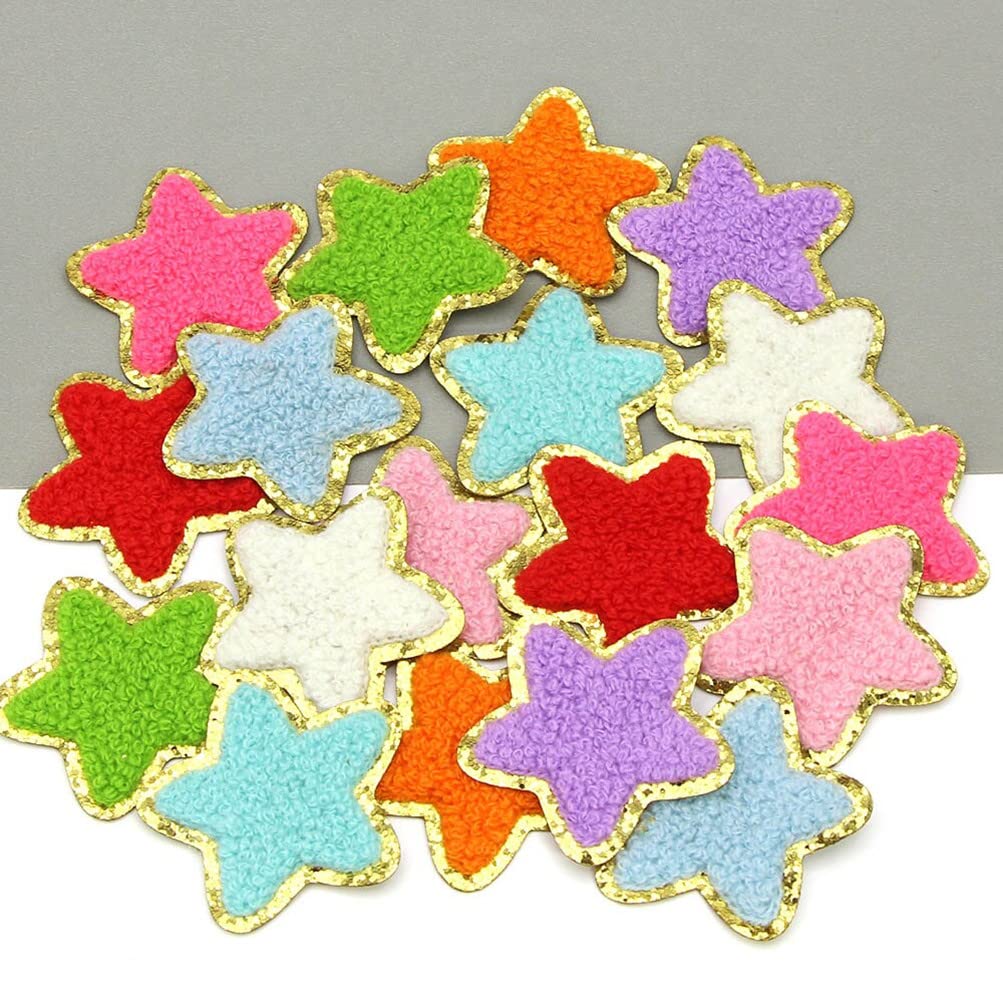 24 Pieces Star Chenille Patches,Cute Iron on Patches for Clothes,Iron on Stars Fabric Embroidered Patches for Women Backpack Hat Jacket Jean Decorative Applique(Star,White)