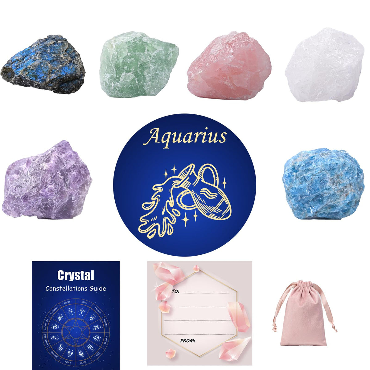 Crystals and Healing Raw Stones, Natural Gemstone Raw, 6PCS Crystals Constellation Sets for Gifts, Yoga Meditation (Aquarius)