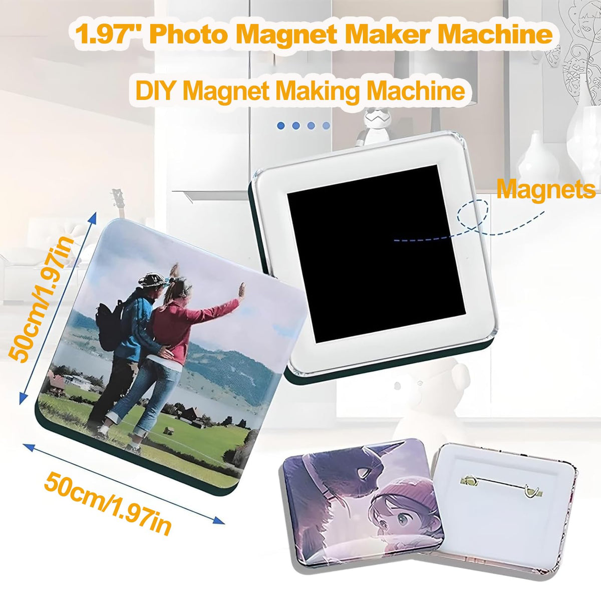 2X2in Square Fridge Magnet Maker Machine Kit, 50x50 mm DIY Photo Badge Refrigerator Sticker Press Machine with Paper Cutter, 200pcs Consumables, 100 Paper Photo