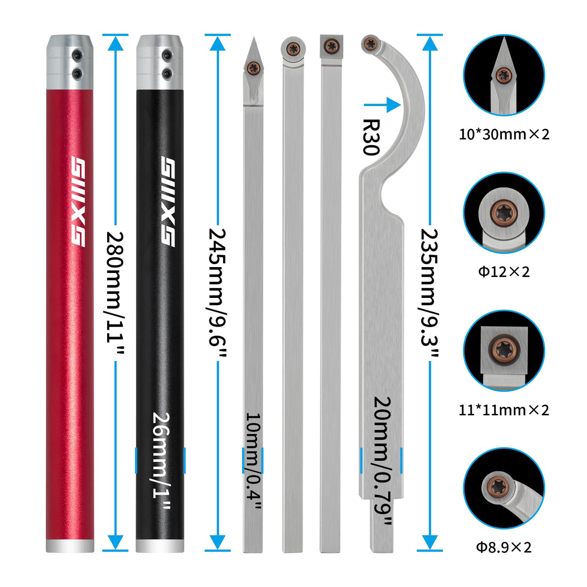 SIIIXS Carbide Tip Wood Lathe Turning Tool set With Bowl sander, Lathe Roughing and Finishing Hollowing Tool Interchangeable Aluminum Alloy Handle with 8pcs Carbide Inserts For Woodturning