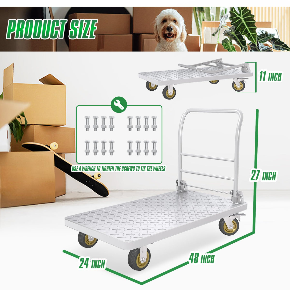 Platform Truck with Brake System 2600lbs Capacity Heavy Duty Push Cart Dolly Foldable Flatbed Cart with 5'' Swivel Wheels Large Steel Platform Dolly Cart for Groceries, Garage, Warehouse (24" x 48")