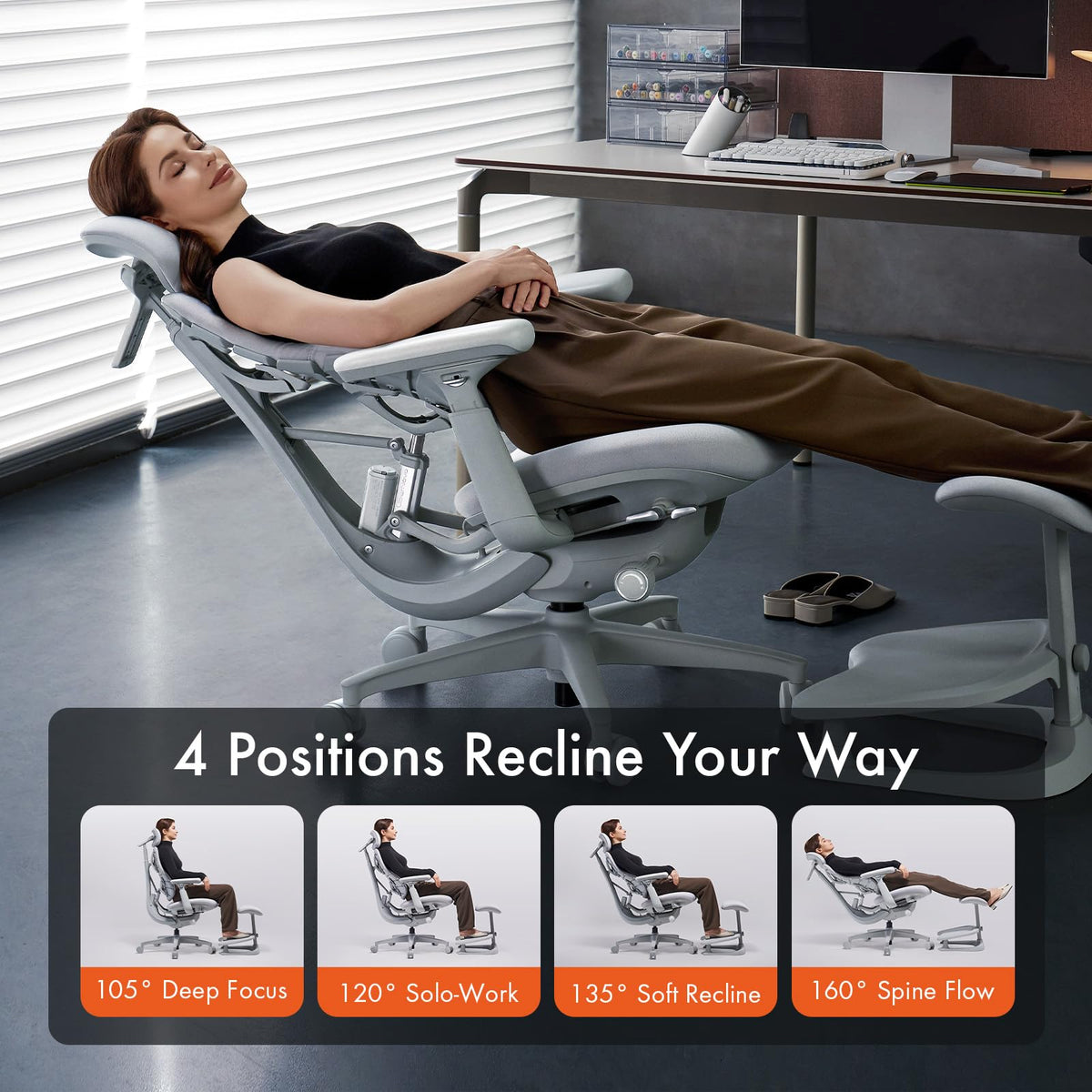 LiberNovo Dynamic Ergonomic Desk Chair + StepSync Footrest Bundle - Comfy Home Office Chair with Adaptive Lumbar Support, 160° Recline & Built-in Spine Stretch, Gray+45cm