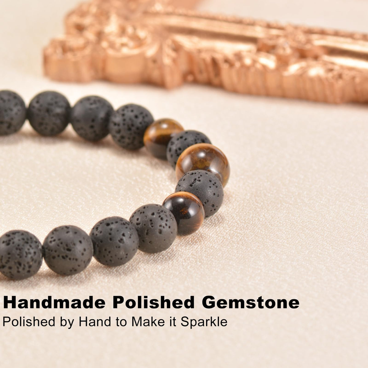 Aluckiss 8mm Adjustable Tigers Eye Bracelet for Men Women Round Volcanic Stone Beaded Bracelets Jewelry Natural Gemstone Handmade Polishing Energy Stone Protection Bracelet for Spiritual Healing Meditation Yoga