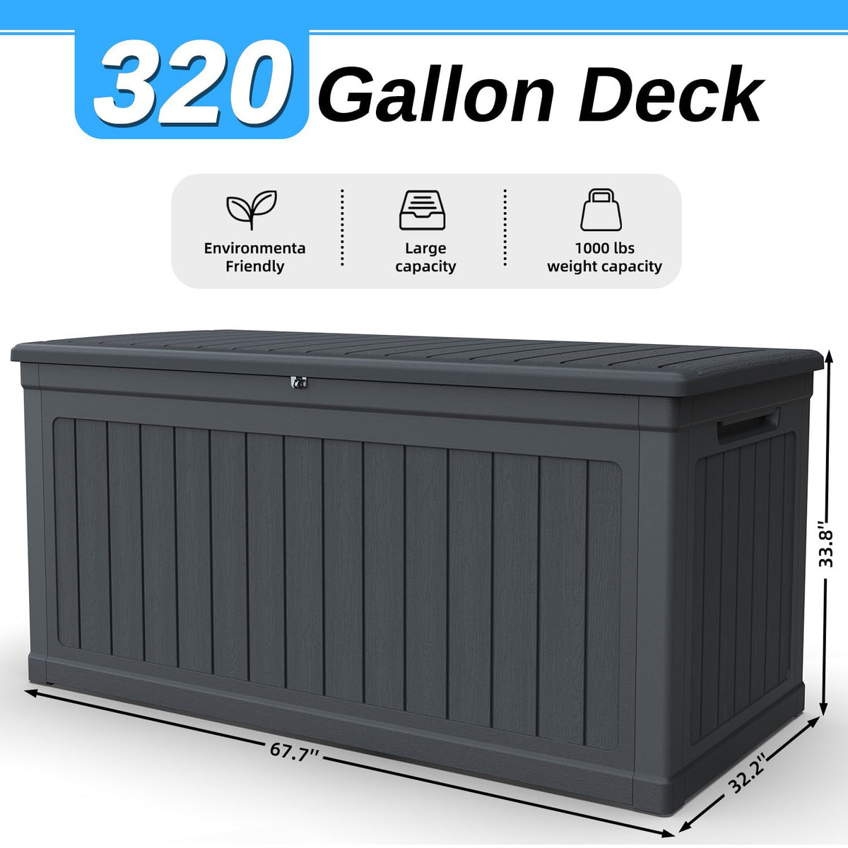 KDYMOD 320 Gallon Outdoor Storage Deck Box, Waterproof Resin Deck Boxes with Handle & Lockable for Patio Furniture, Garden & Pool Tools -Swimming Pool, UV Resistant, Black (320)