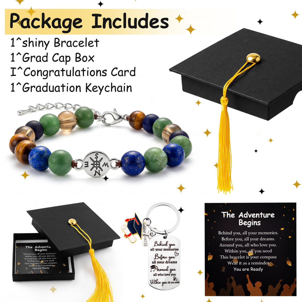 Graduation Bracelet Set 2026 for Him & Her, Natural stone Beaded Bracelet with 7 Chakra Stones or Matte Style, Compass Keychain, Card & Gift Box for High School College Grad (Minimalist Matte)