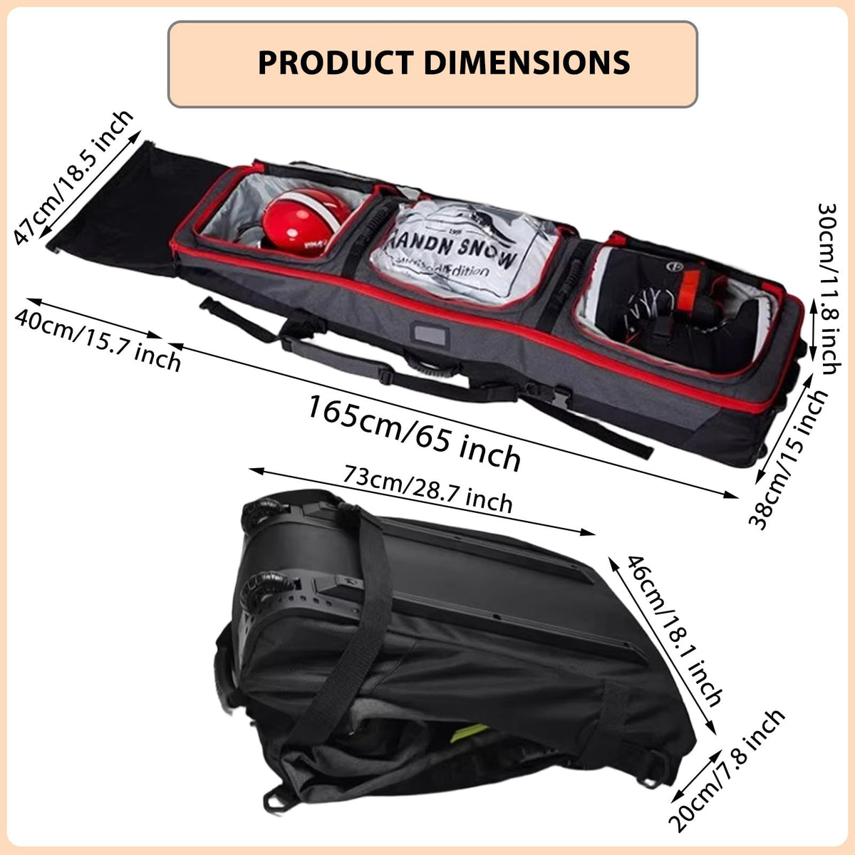Padded Snowboard Bag with Wheels, Heavy-Duty Wheeled-Ski Travel Bag, Storage Ski Board Boots, Helmet, Jacket for Flying Air Travel, 65 Inch (Extendable to 80.7 Inch),Light Green