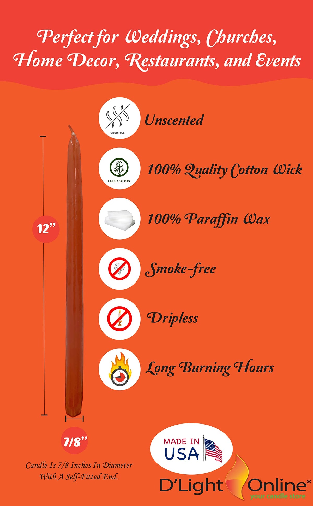 D'light Online Elegant 12" Unscented Cinnamon Burnt Orange Taper Candles Premium Quality Hand-Dipped Tapered Candles, Dripless and Smokeless - Set of 12 Individually Wrapped (12 Inch, Cinnamon)
