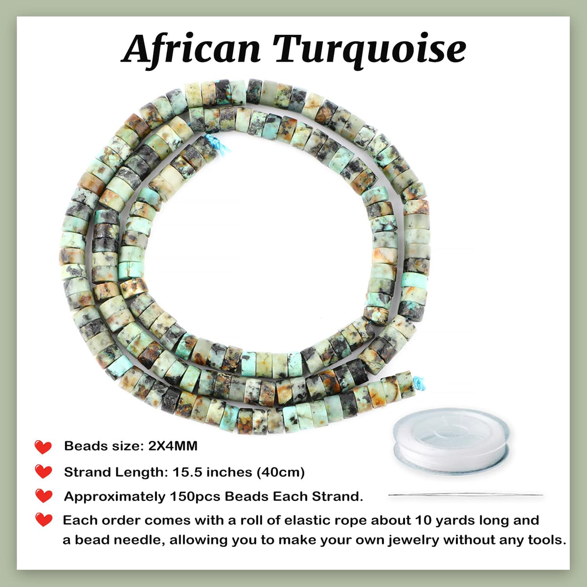Natural African Turquoise Heishi Spacer Beads Loose Semi Precious Flat Round Gemstone Disc Shape Stone for Beading Jewelry Making 4x2mm 15.5"