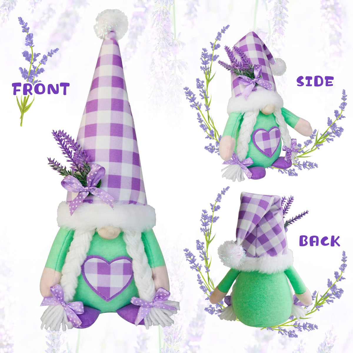 KnomeKo Spring Gnome Decor Set of 2, Lavender Gnomes with Sage Green & Purple Ribbon Bows, Plush Swedish Gnome Decorations for Home Tiered Tray Farmhouse Kitchen, Birthday Gift for Women