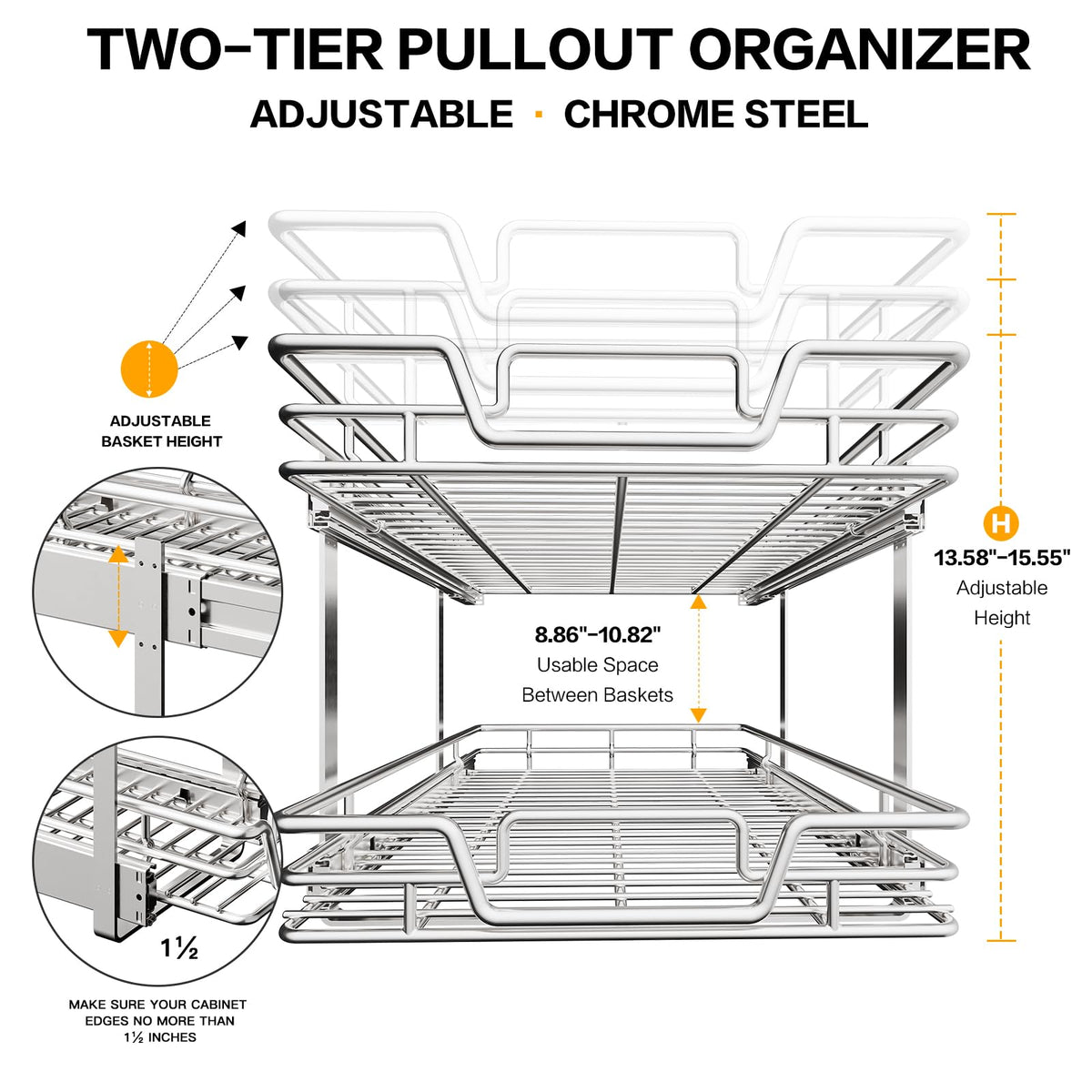 QUYUWU 2-Tier Kitchen Cabinet,Pull Out Cabinet Organizer,Shelf and Drawer Organizer Slide Out Pantry Storaqe Basket in Multiple Sizes (12" W x21 D)