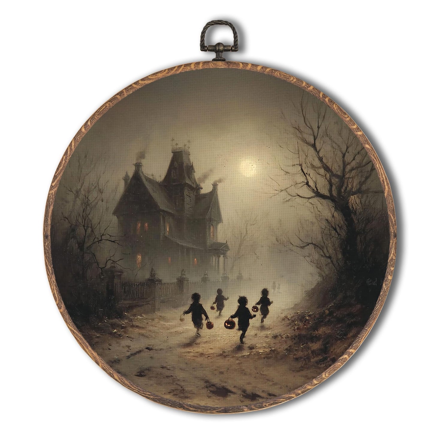 Tzhim Gothic Halloween Canvas Wall Art, Spooky Children with Pumpkin Lanterns Round Wall Art Decor, Dark Academia Autumn Aesthetic Framed Hanging Decor for Home Bedroom Living Room, 10x10in