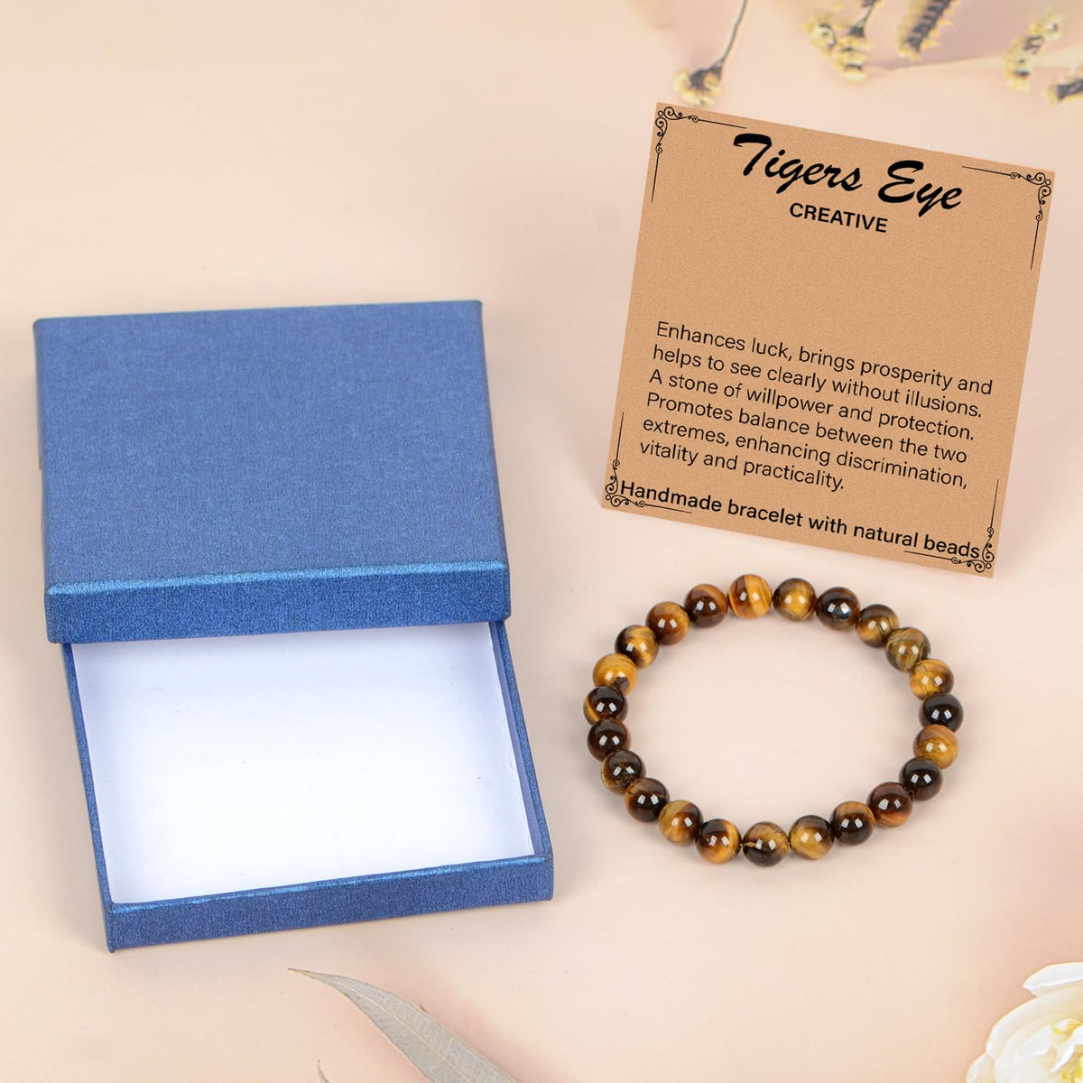 LPBeads Handmade Natural Gemstone Stretch Elastic 8mm Yellow Tiger's Eye Bracelet Healing Crystal Round Stone Beads Jewelry Gifts for Women Men