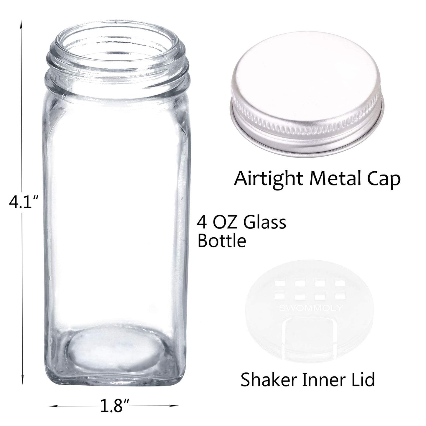 SWOMMOLY 42 Glass Spice Jars with 703 Spice Labels, Chalk Marker and Funnel Complete Set. 42 Square Glass Jars 4oz, Airtight Cap, Pour/sift Shaker Lid
