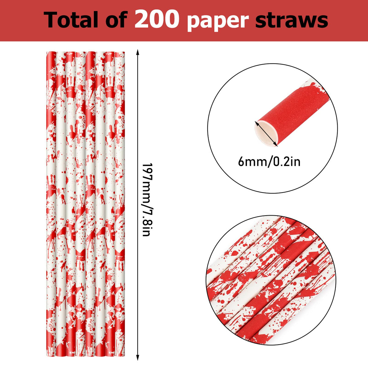 Whaline 200Pcs Halloween Paper Straws - Bloody Handprint Disposable Drinking Straws for Juices, Shakes, Cocktails - Red White Horror Theme Party Supplies Decoration