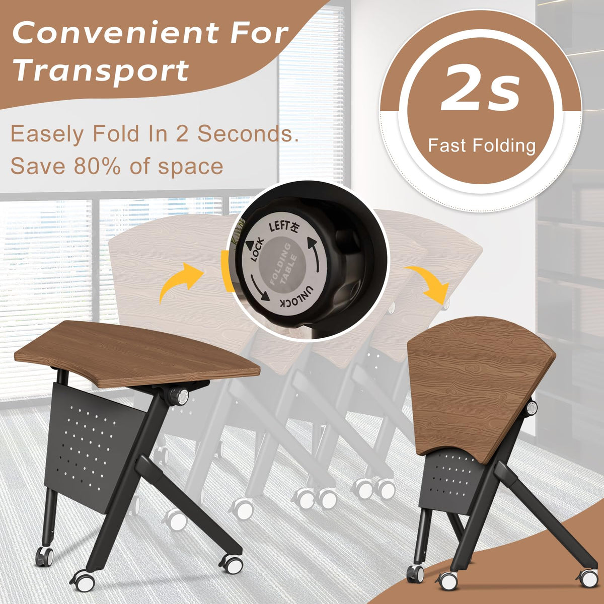 JFazzruit Folding Conference Table,Fan-Shaped Conference Room Tables with Wheels, Mobile Modular Seminar Meeting Desk for Classrooms,Office & Seminar (2, Fan-Walnut)