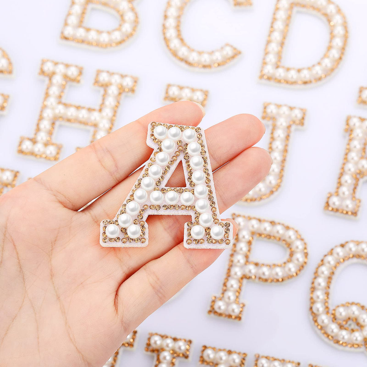 Waydress 26 Piece Rhinestone Iron on Patch A to Z Letter Appliques Adhesive White Pink Colorful Pearl Bling Patch Glitter Alphabet Embellishments for DIY Craft Supplies(Gold)