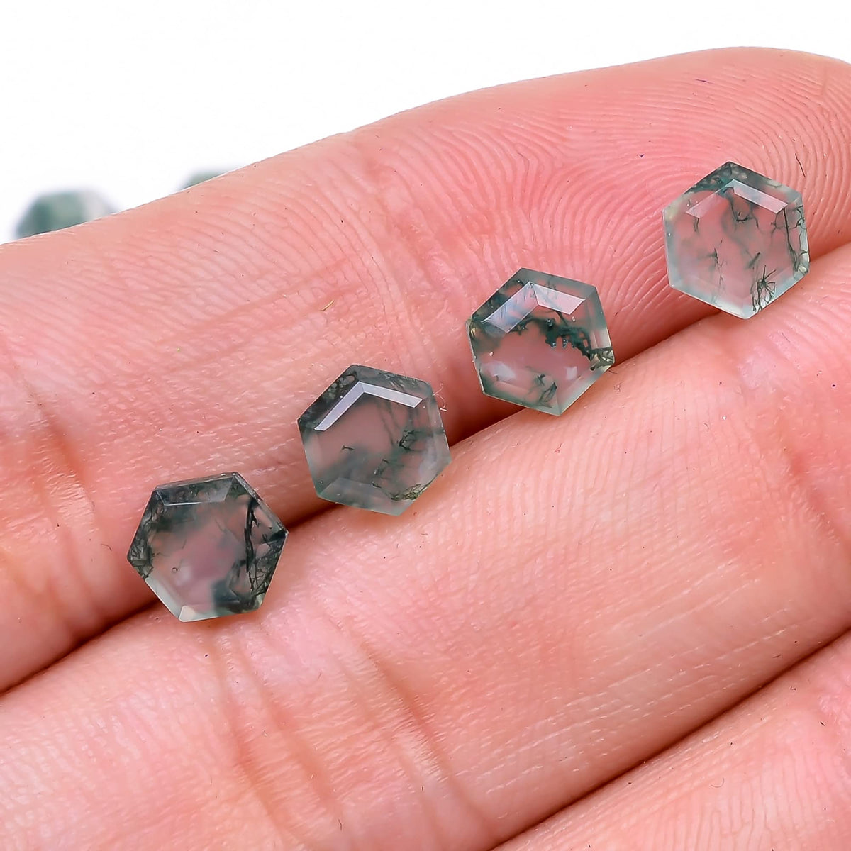 4pcs, 6x6x3mm Natural Moss Agate Hexagon Shape-Flat Step Cut Gemstone Wholesale Lot, Jewelry Making Loose Gemstone, Polished Minerals, DIY, Wire Wrapping, Healing Crystals, Bulk Gemstone Deal